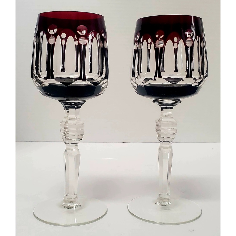 Incredible Bohemian Crystal Pair of Stemware Ruby Red & Clear Etched Faceted 8"
